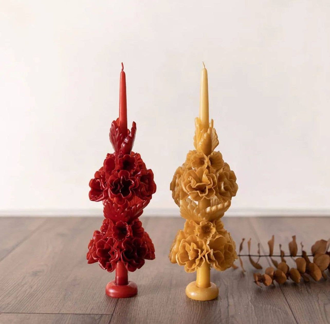 Merlot Handmade with Beeswax Floral Taper Candle  Oaxaca art: Small