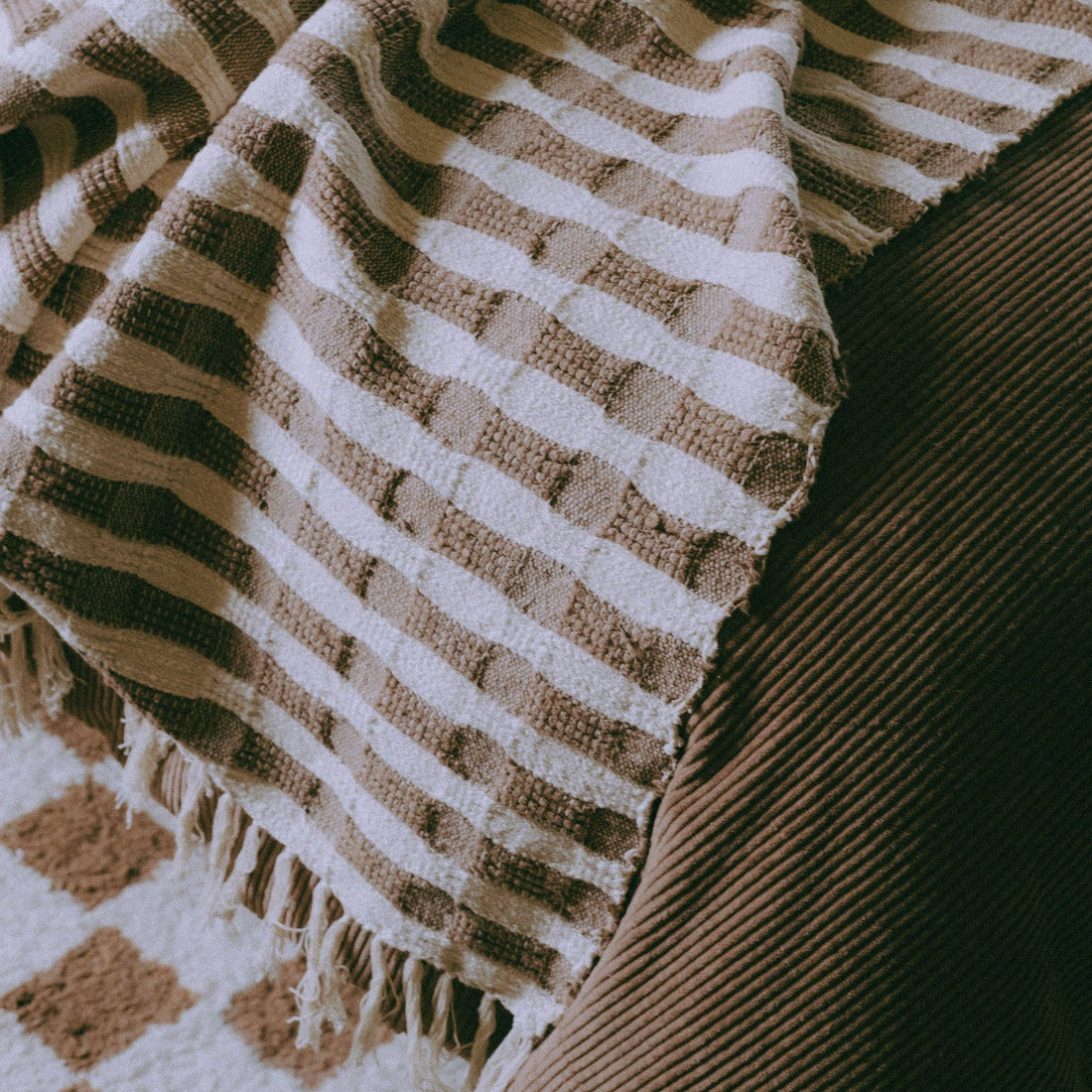 Ramona Brown Stripe Cotton Throw Blanket: Cream / Caribou / Standard