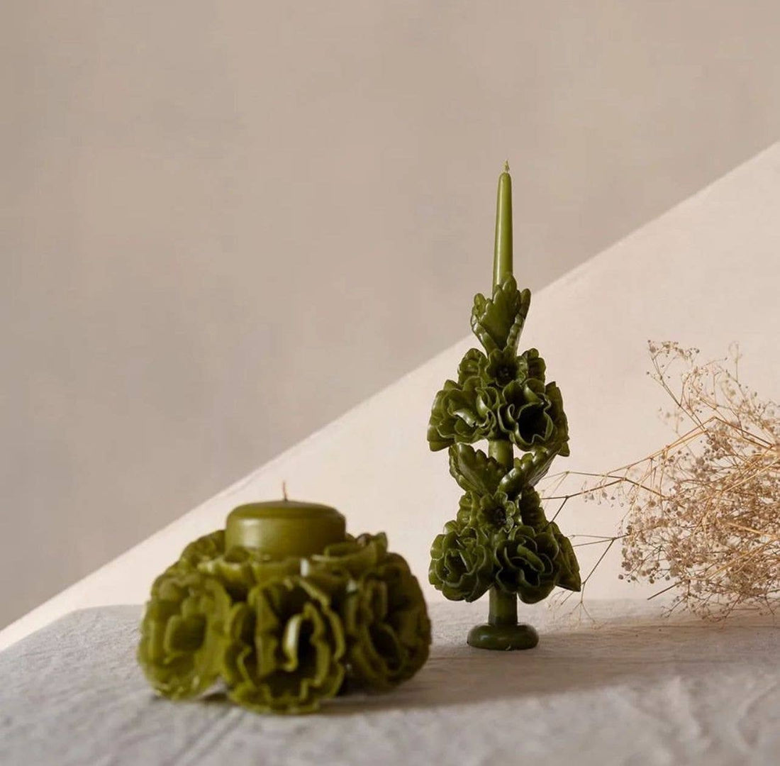 Olive Handmade with Beeswax Floral Taper Candle Oaxaca art: Large