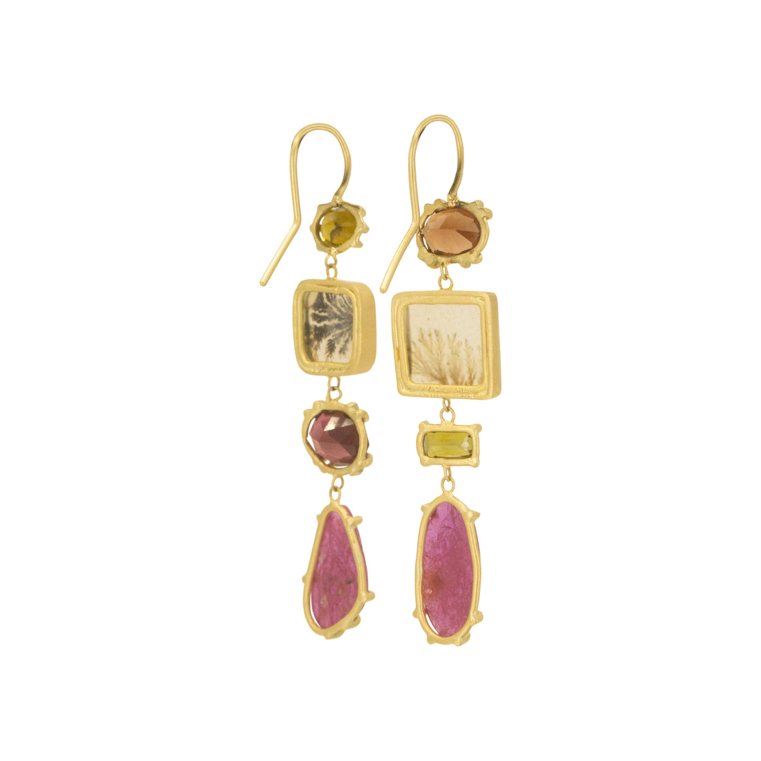 Ruby, Tourmaline, Agate Drop Earrings- One of a Kind