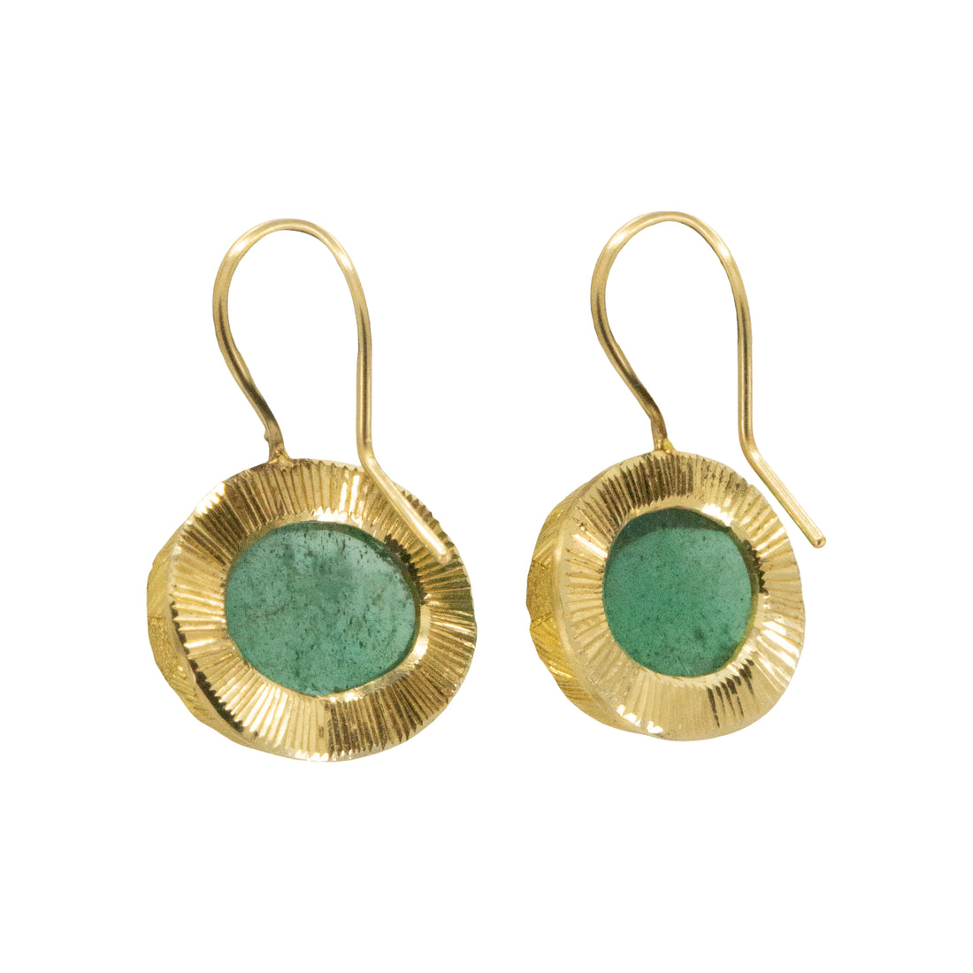 Emerald Cabochon Engraved Drop Earrings - 9.2CTTW