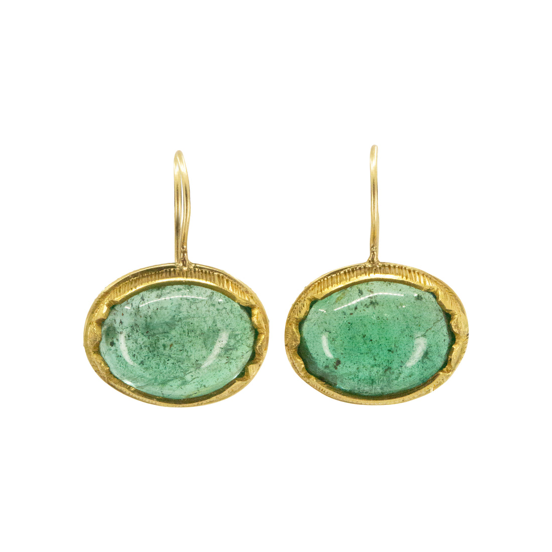 Emerald Cabochon Engraved Drop Earrings - 9.2CTTW