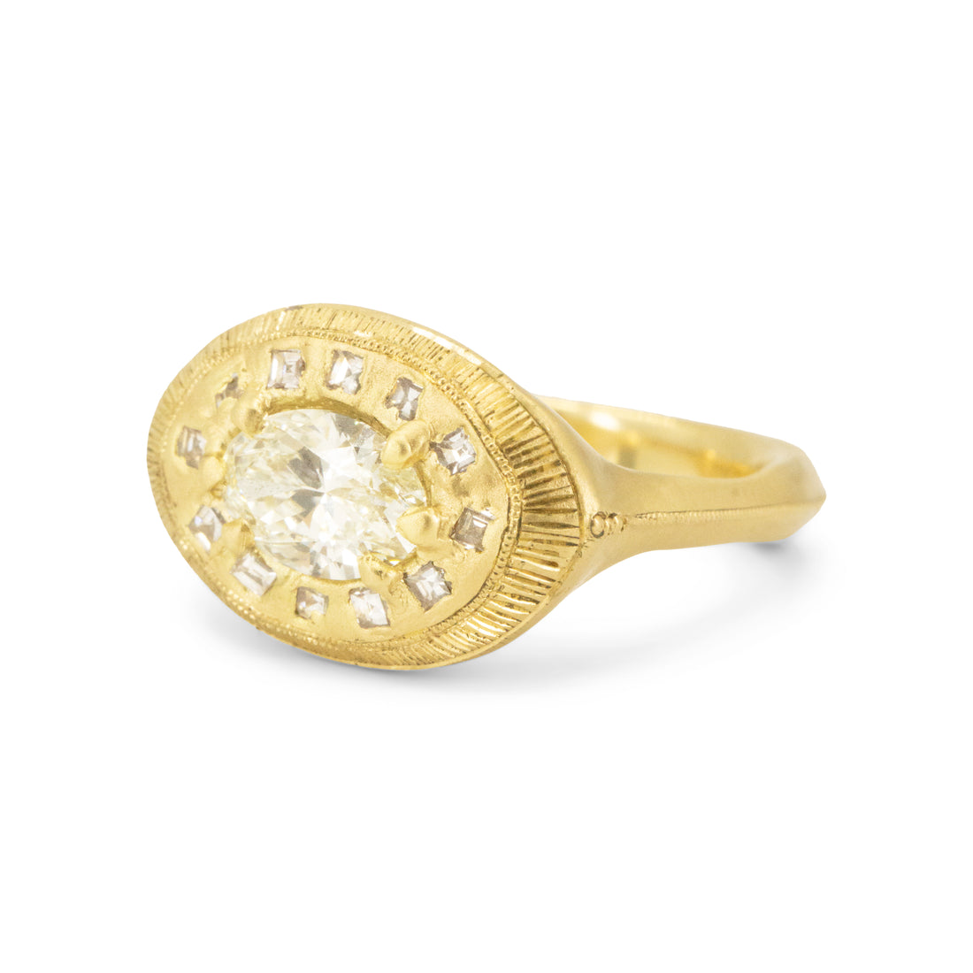 Engraved White Diamond Oval Relic Ring - One of a Kind