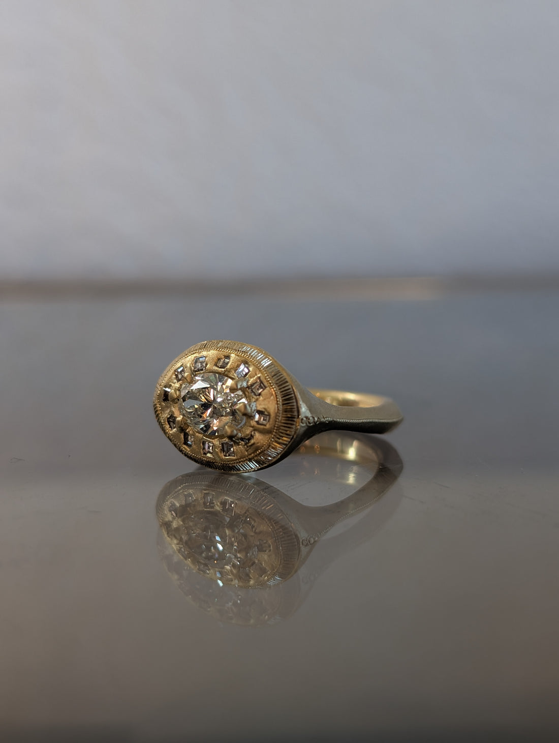 Engraved White Diamond Oval Relic Ring - One of a Kind