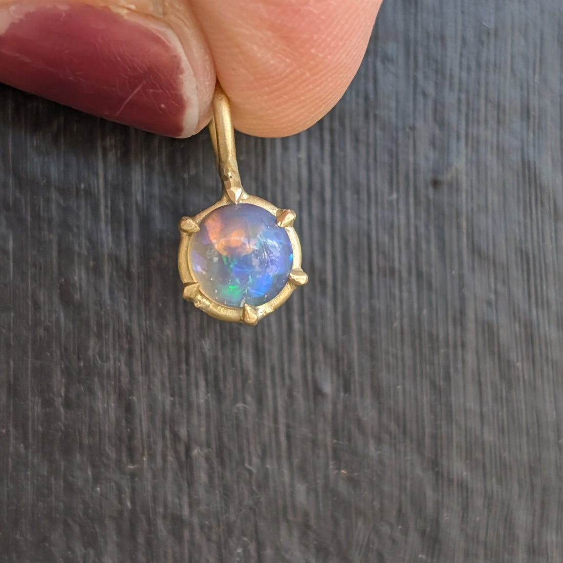 Round Opal Basket Pendant with Green and Purple Flash - One of a Kind