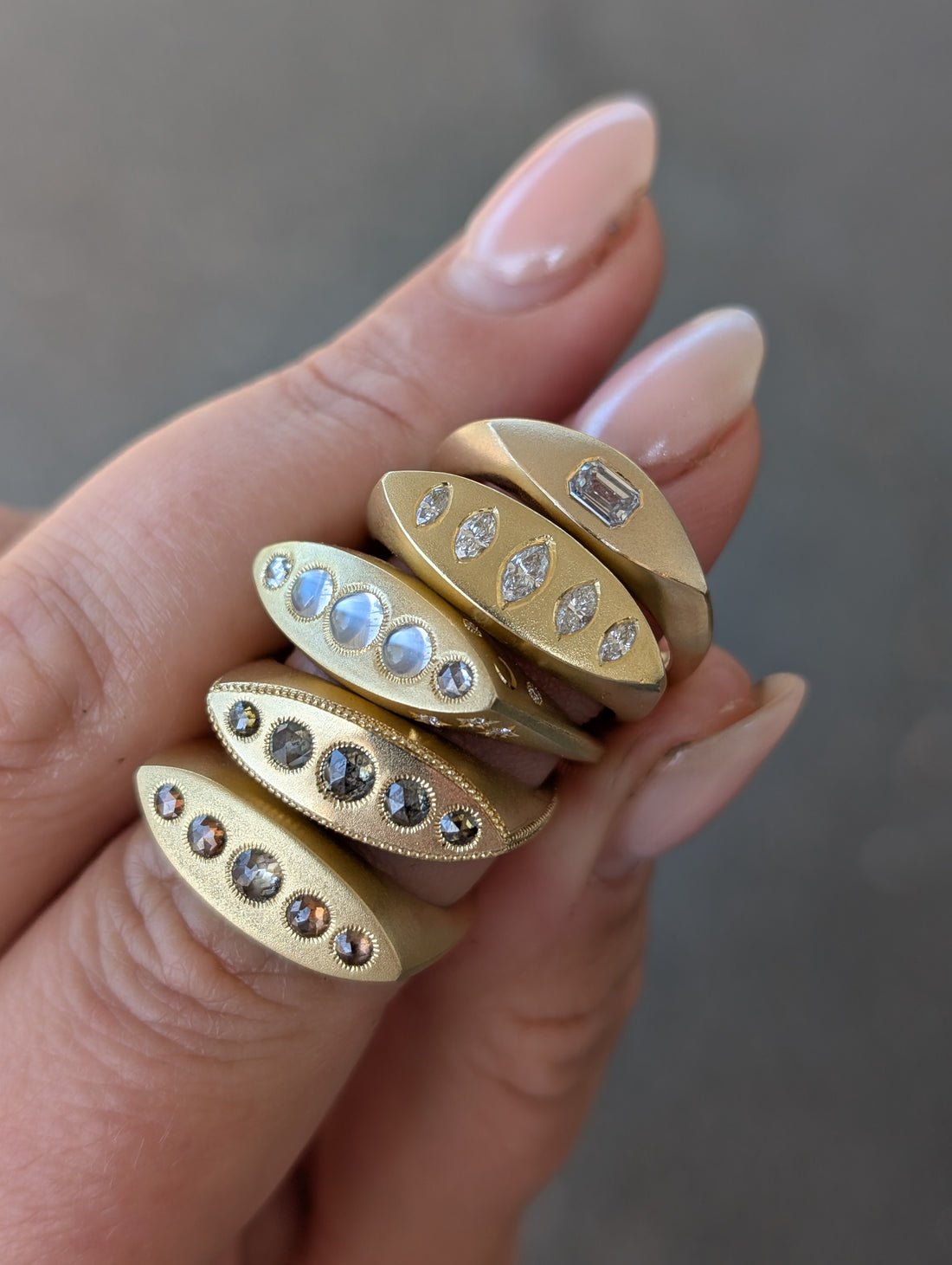 18k Salt and Pepper Rosecut Diamond Marquis Signet Ring- One of a Kind