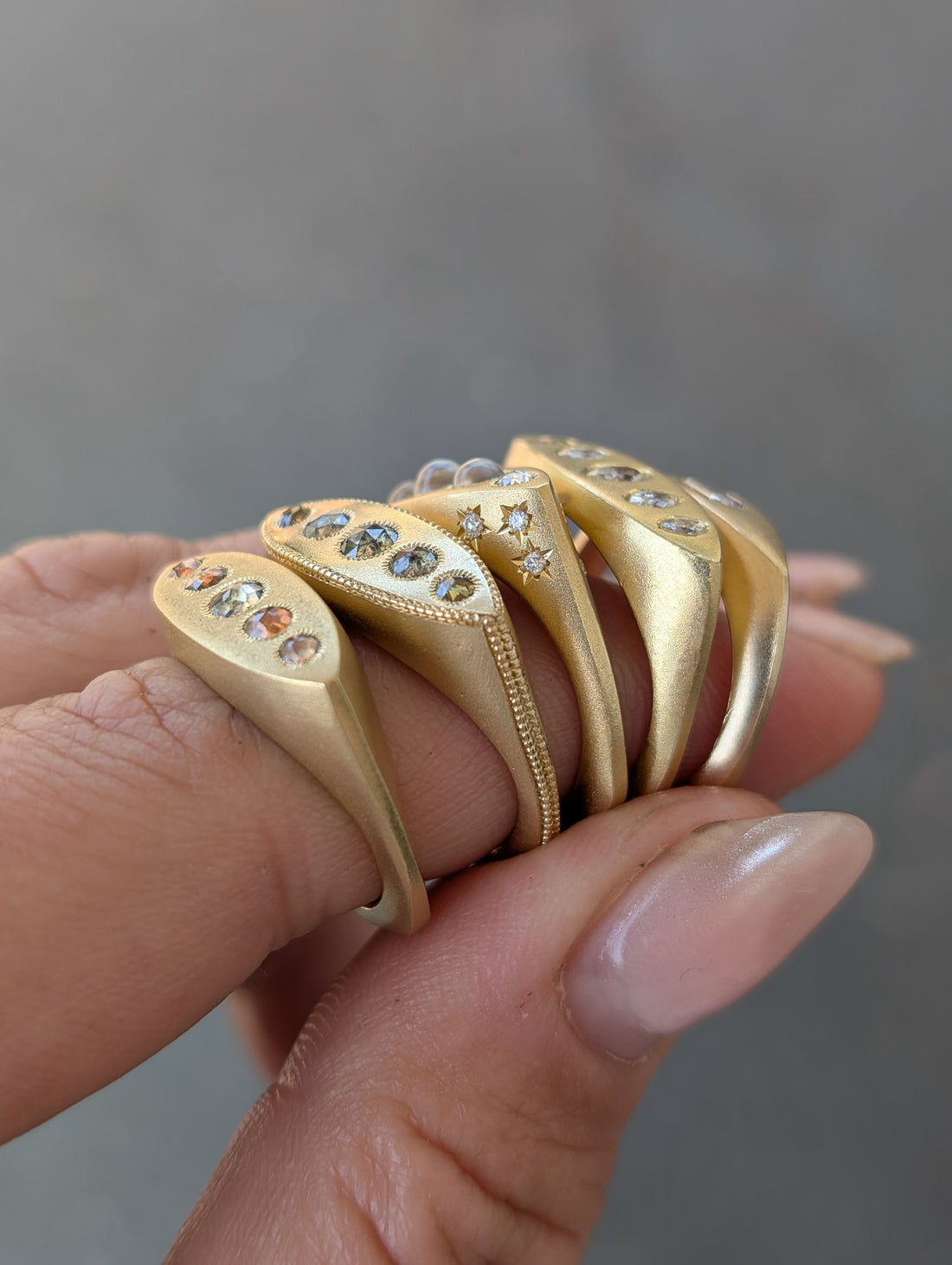 18k Salt and Pepper Rosecut Diamond Marquis Signet Ring- One of a Kind