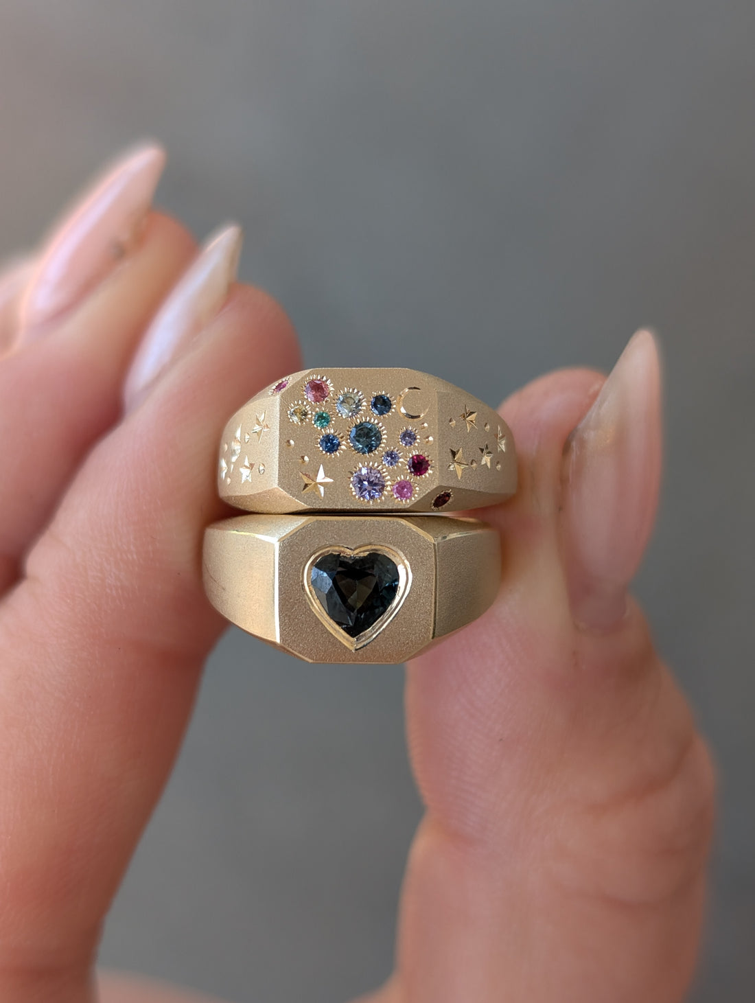 14k Rainbow Sapphire Cut Corner Signet Ring