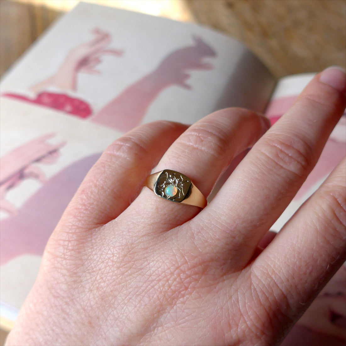 14k Opal and Diamond Baby Widow Ring