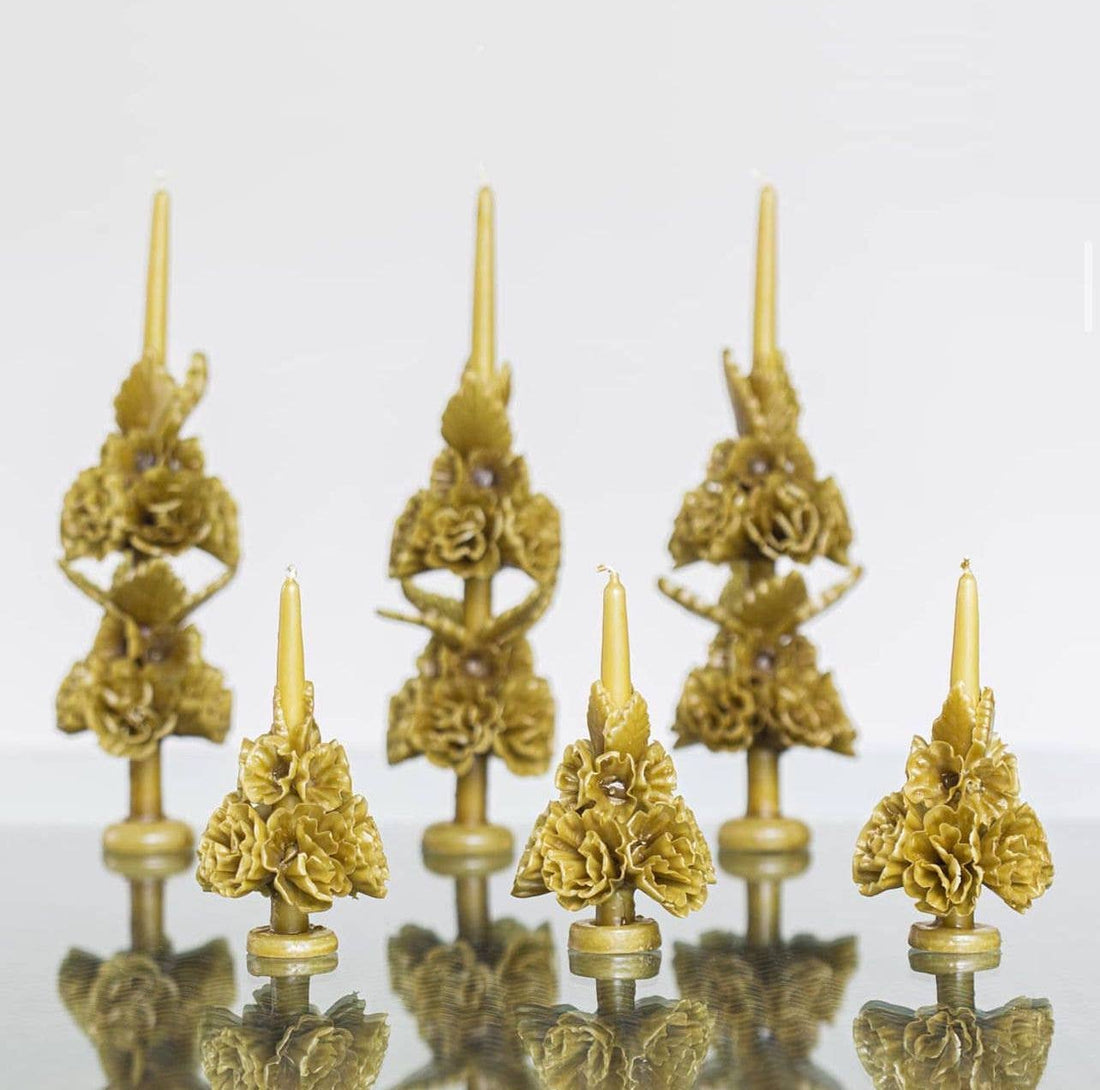Olive Handmade with Beeswax Floral Taper Candle Oaxaca art: Large