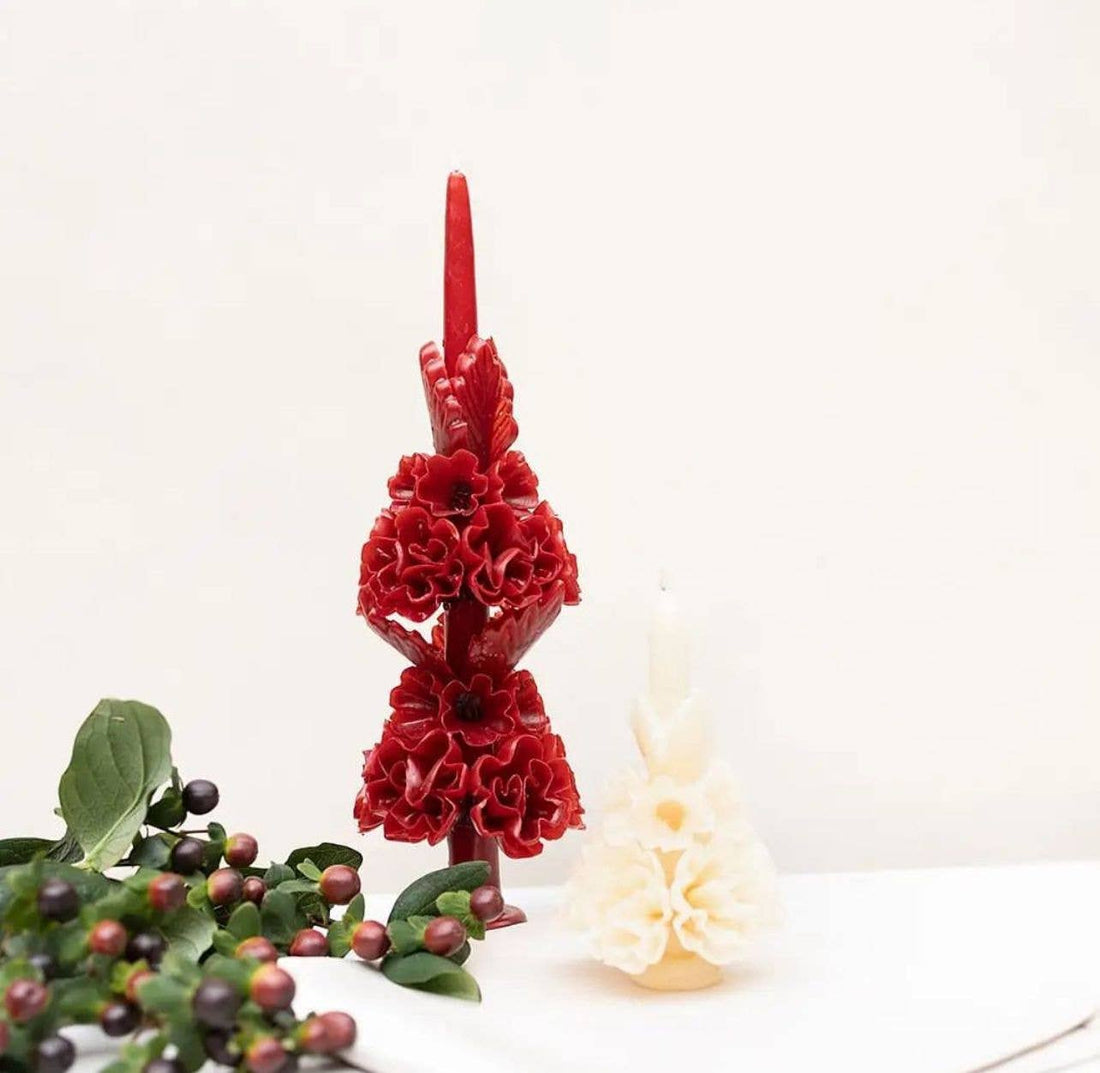 Merlot Handmade with Beeswax Floral Taper Candle  Oaxaca art: Large