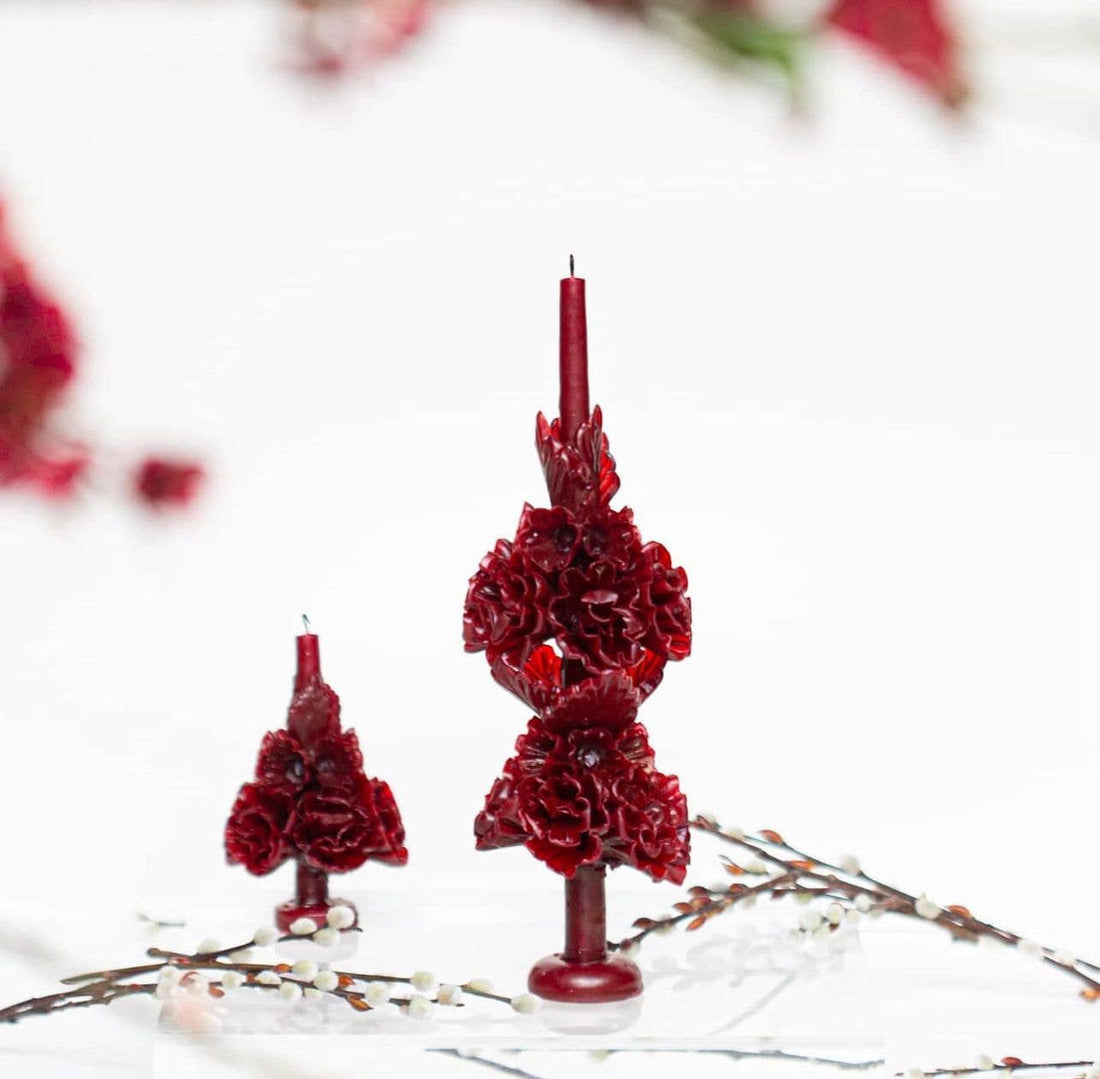 Merlot Handmade with Beeswax Floral Taper Candle  Oaxaca art: Small
