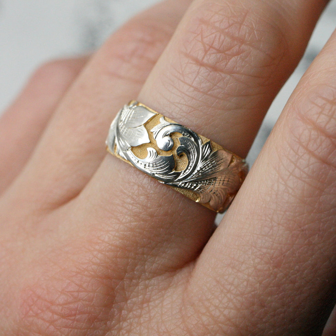 Wide Acanthus Band - Two Tone - SS & 14K Gold size 7