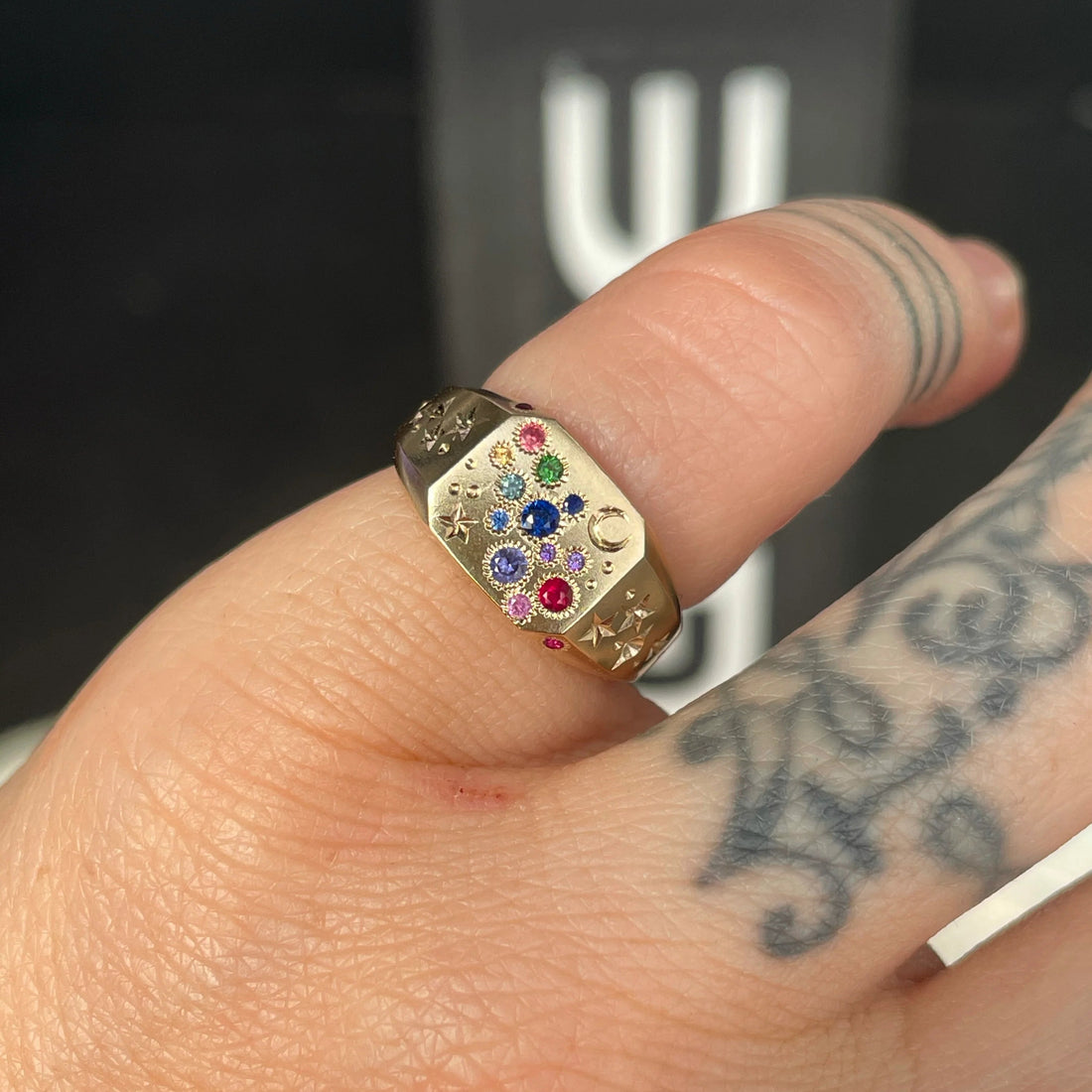 14k Rainbow Sapphire Cut Corner Signet Ring