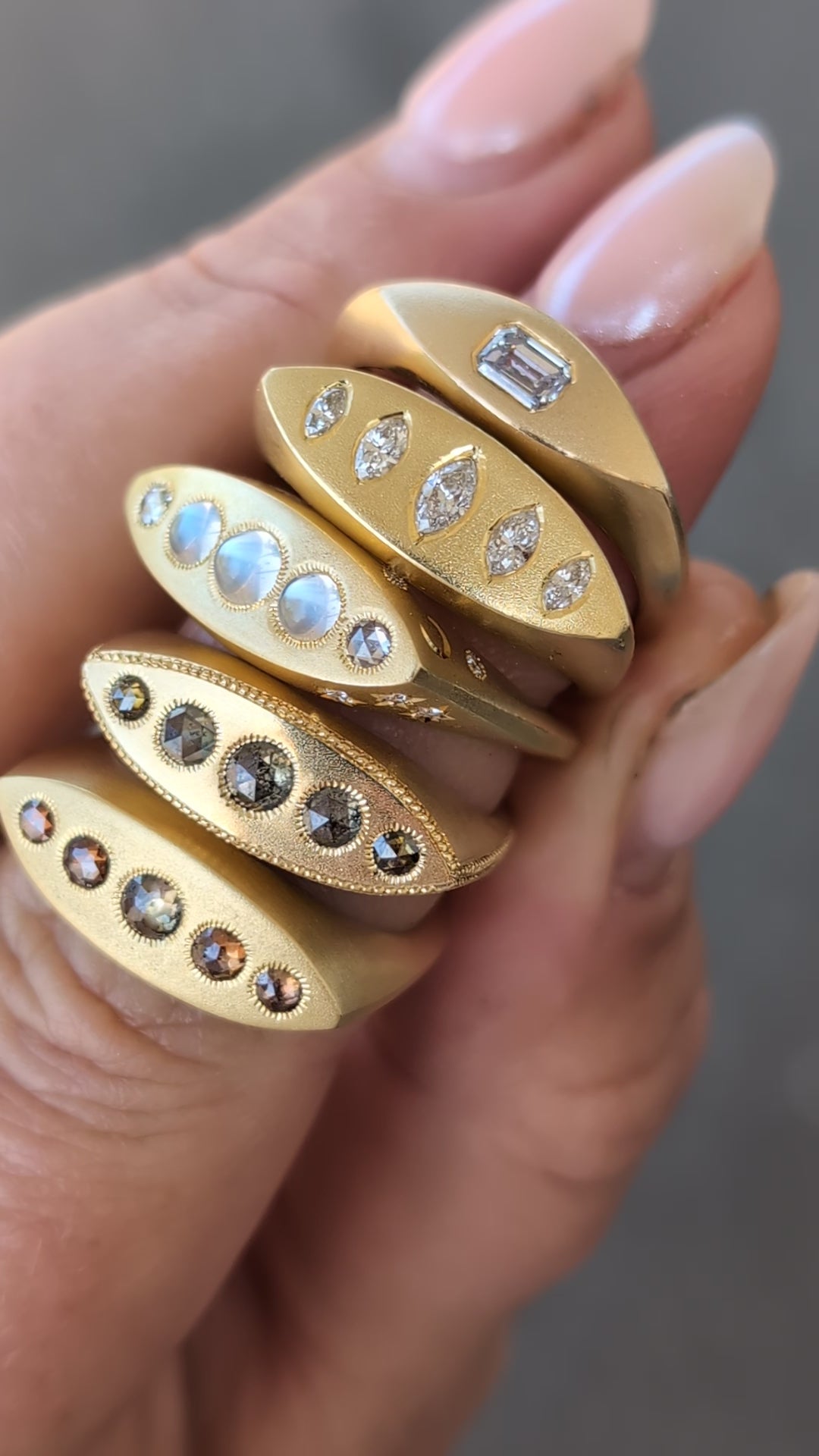 18k Salt and Pepper Rosecut Diamond Marquis Signet Ring- One of a Kind