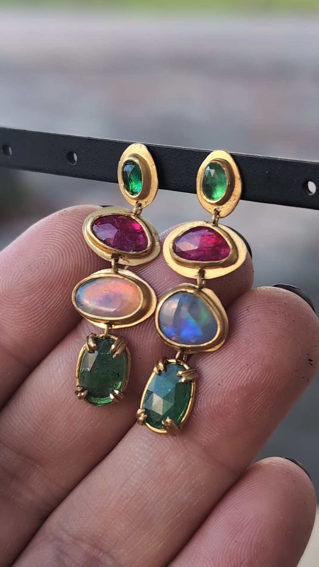 Ruby, Opal and Emerald Tapestry Drop Earrings- One of a Kind