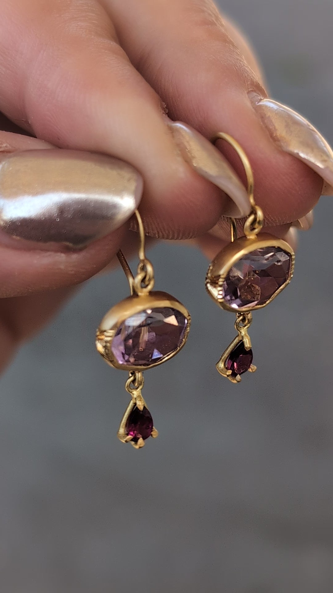 Amethyst and Garnet Drop Earrings - OOAK