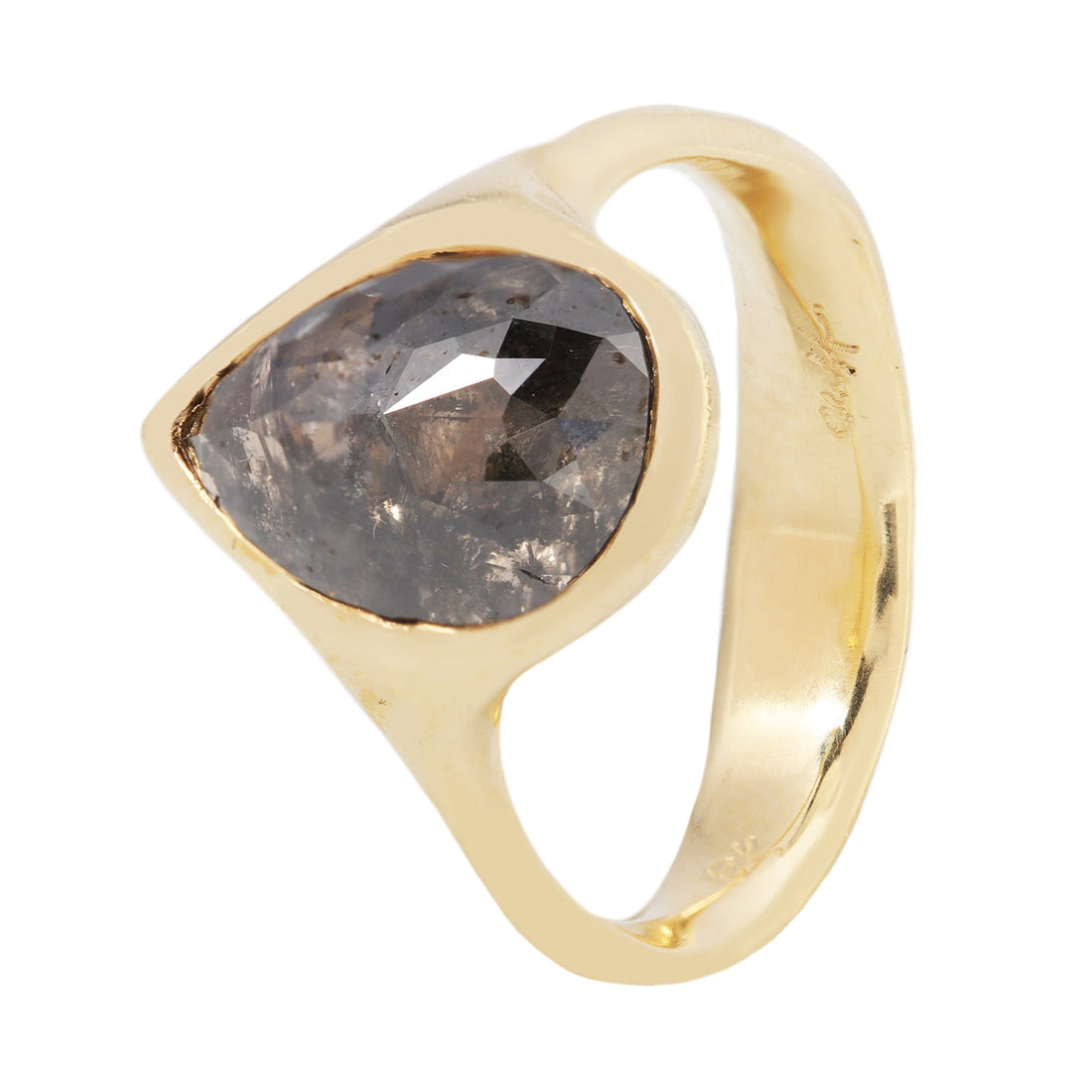 Althea Solitaire with pear shaped salt and pepper black diamond by Erin Cuff Jewelry.