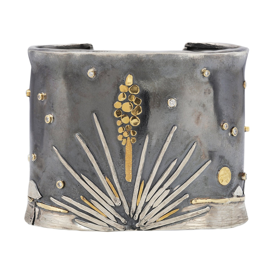 Wide mixed metal statement cuff with desert landscape motif and diamond accents by Erin Cuff Jewelry.