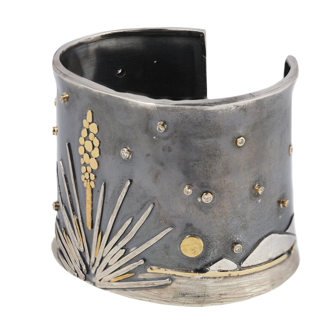 Wide mixed metal statement cuff with desert landscape motif and diamond accents by Erin Cuff Jewelry.