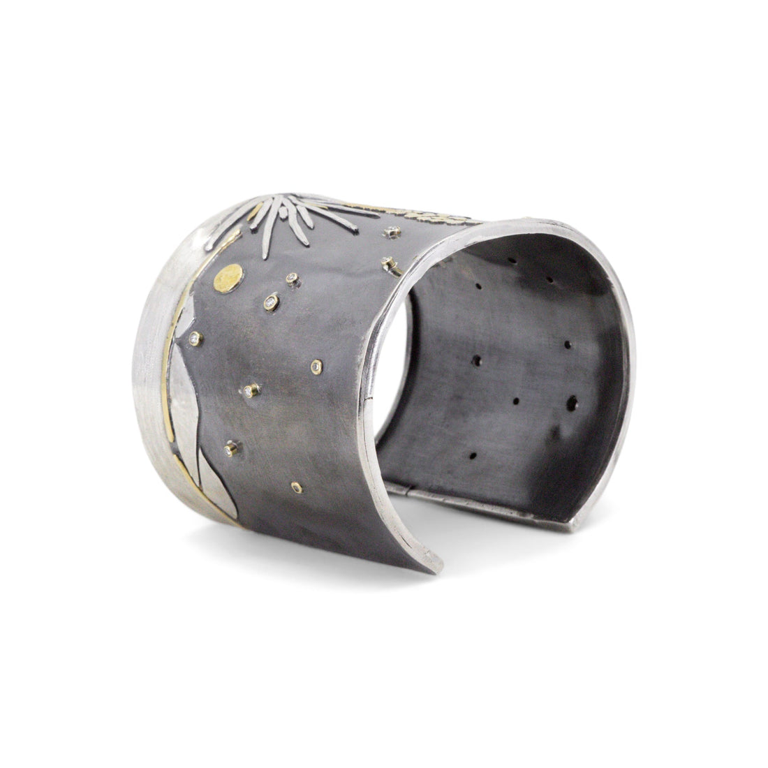 Wide mixed metal statement cuff with desert landscape motif and diamond accents by Erin Cuff Jewelry.