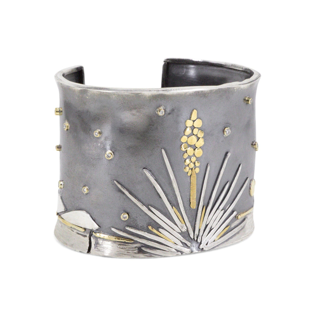Wide mixed metal statement cuff with desert landscape motif and diamond accents by Erin Cuff Jewelry.