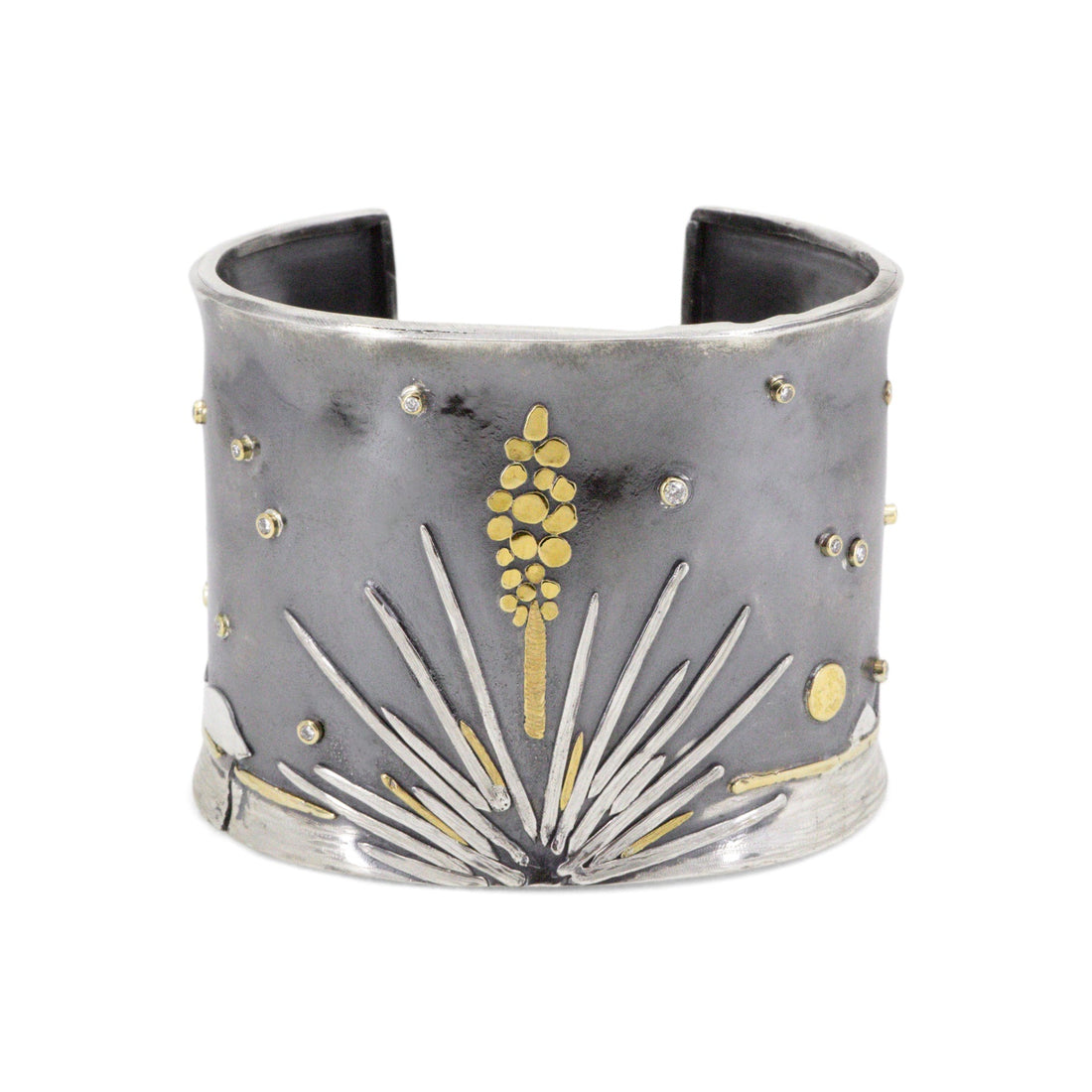 Wide mixed metal statement cuff with desert landscape motif and diamond accents by Erin Cuff Jewelry.