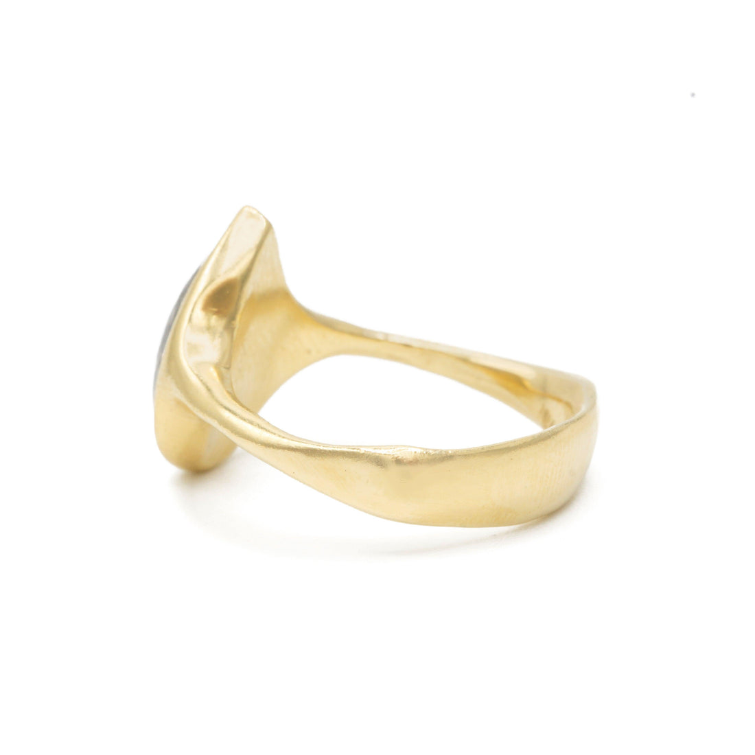 Althea Solitaire with pear shaped salt and pepper black diamond by Erin Cuff Jewelry.