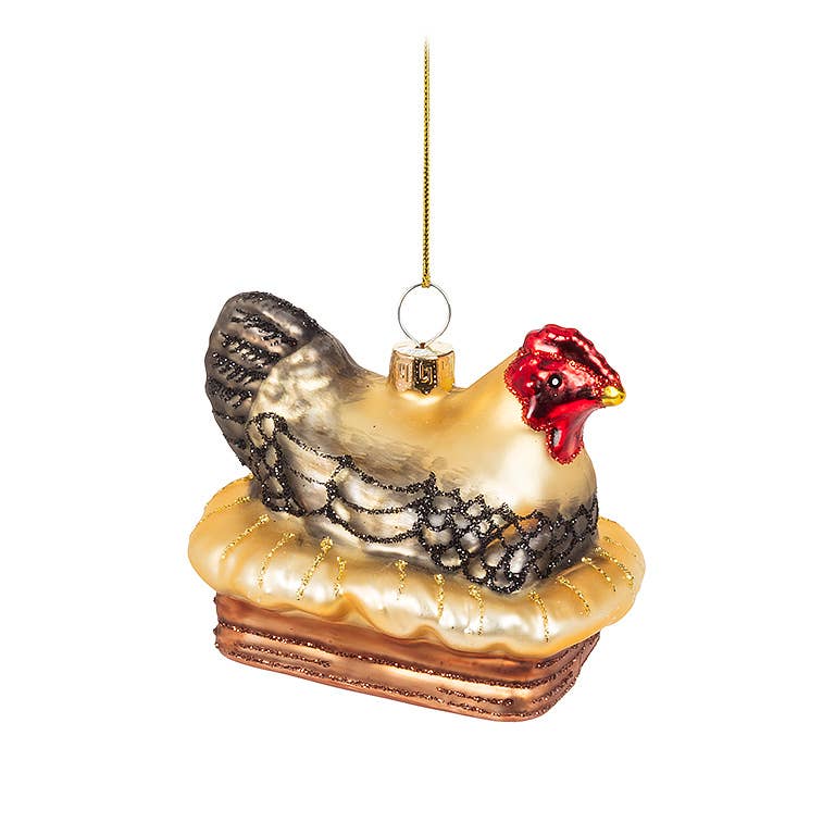Hen on Roost Ornament-3"L-110