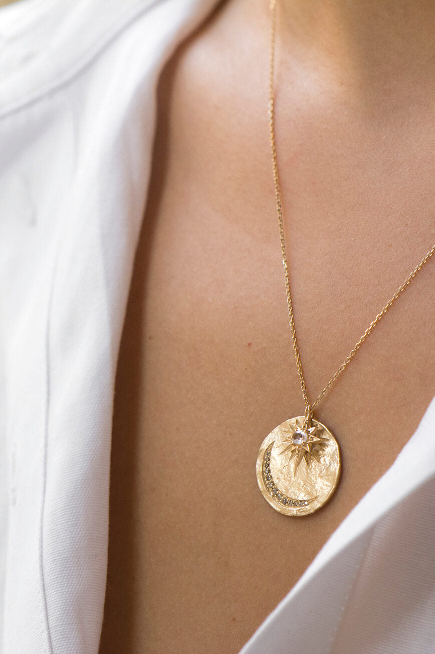 14k Sun + Moon Medallion with Sapphire Star Necklace