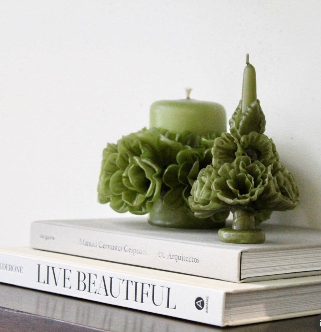 Olive Handmade with Beeswax Floral Taper Candle Oaxaca art: Large