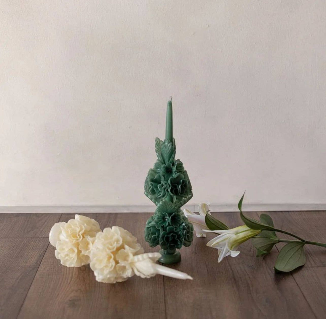 Jade Handmade with Beeswax Floral Taper Candle Oaxaca art: Large
