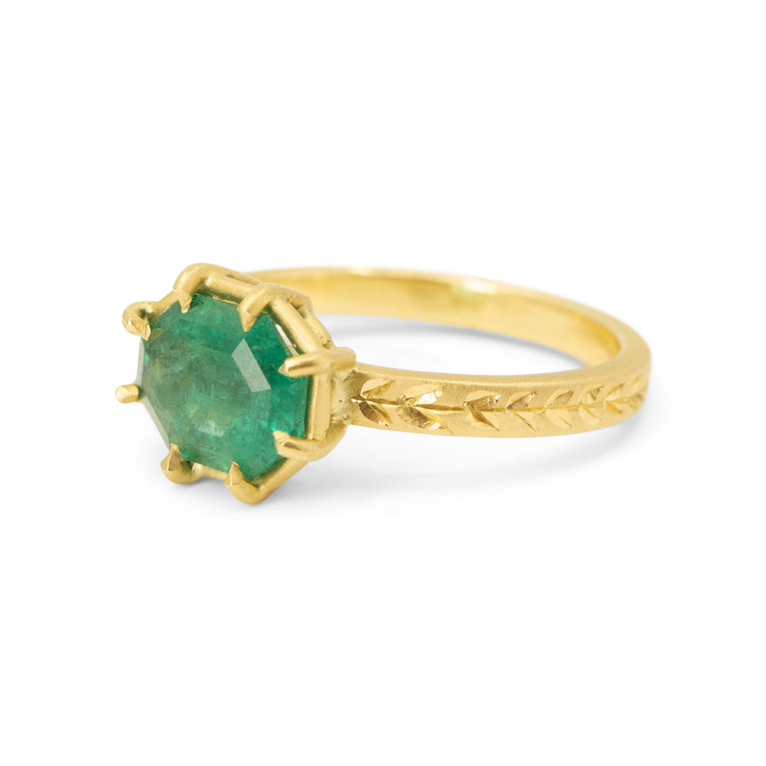 East-West Engraved Willow Emerald Basket Ring - One of a Kind