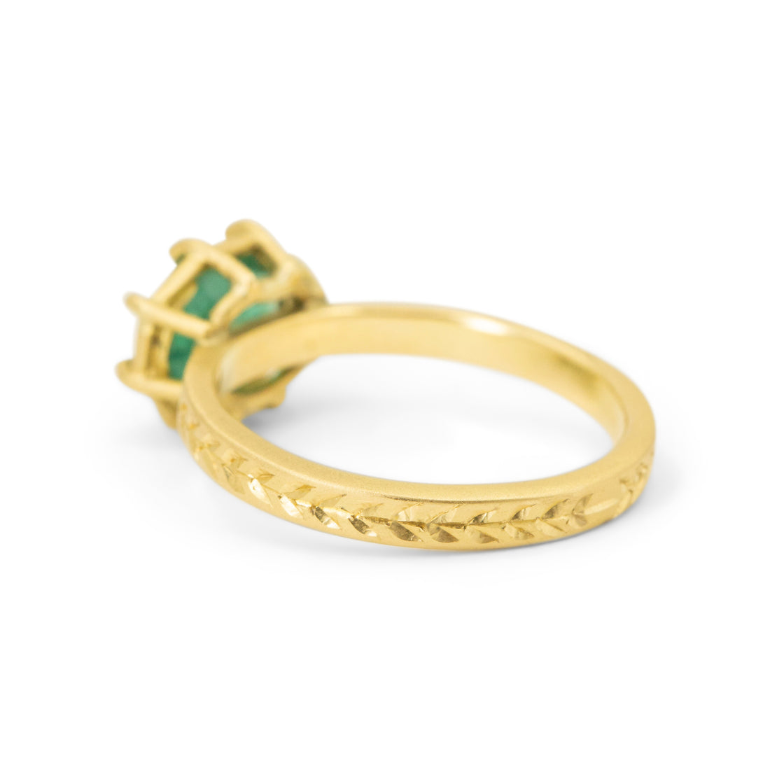 East-West Engraved Willow Emerald Basket Ring - One of a Kind
