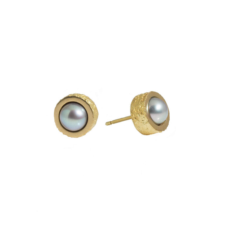 18k Sand Textured Grey Pearl Post Earrings