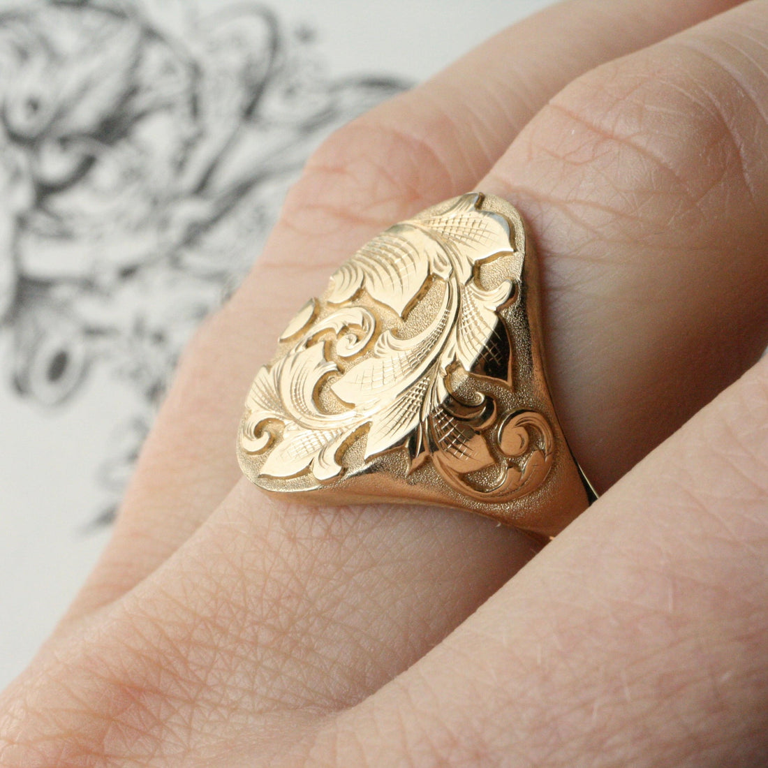 North-South Acanthus Signet Ring - 14k Gold