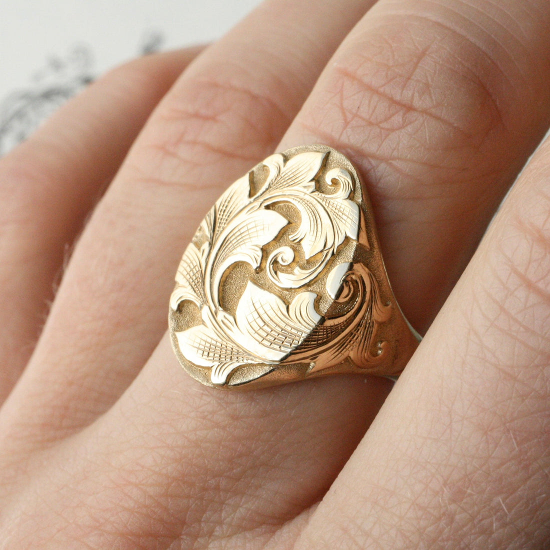 North-South Acanthus Signet Ring 14k Gold