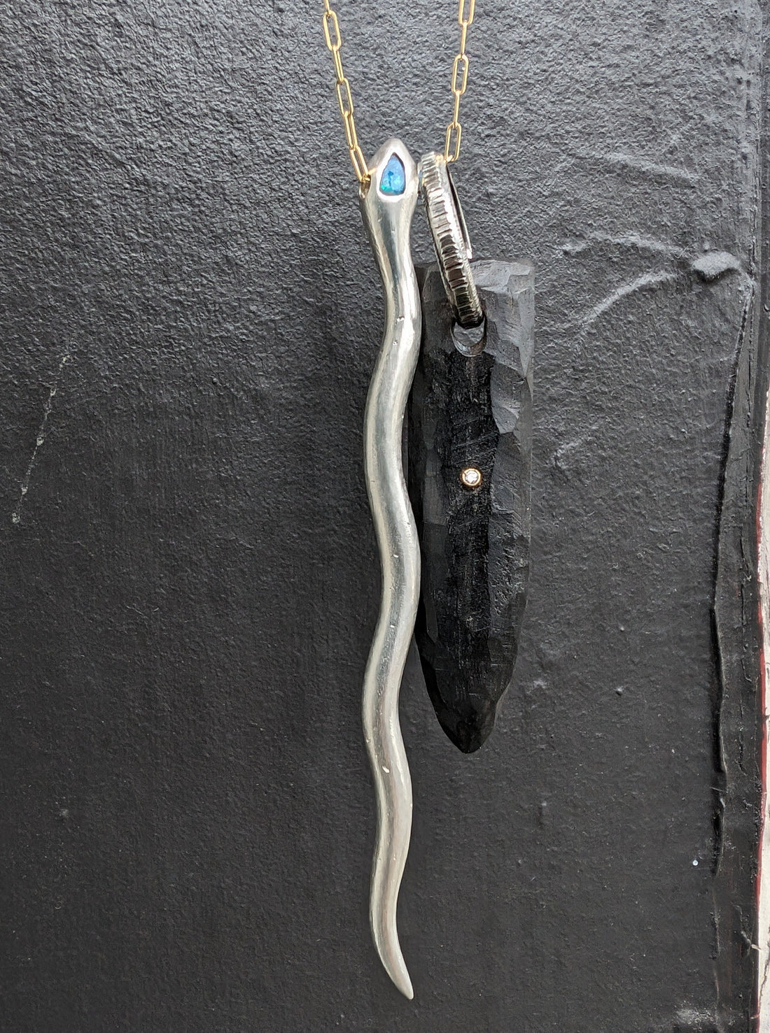 Silver Opal Serpent & Carved Ebony Necklace