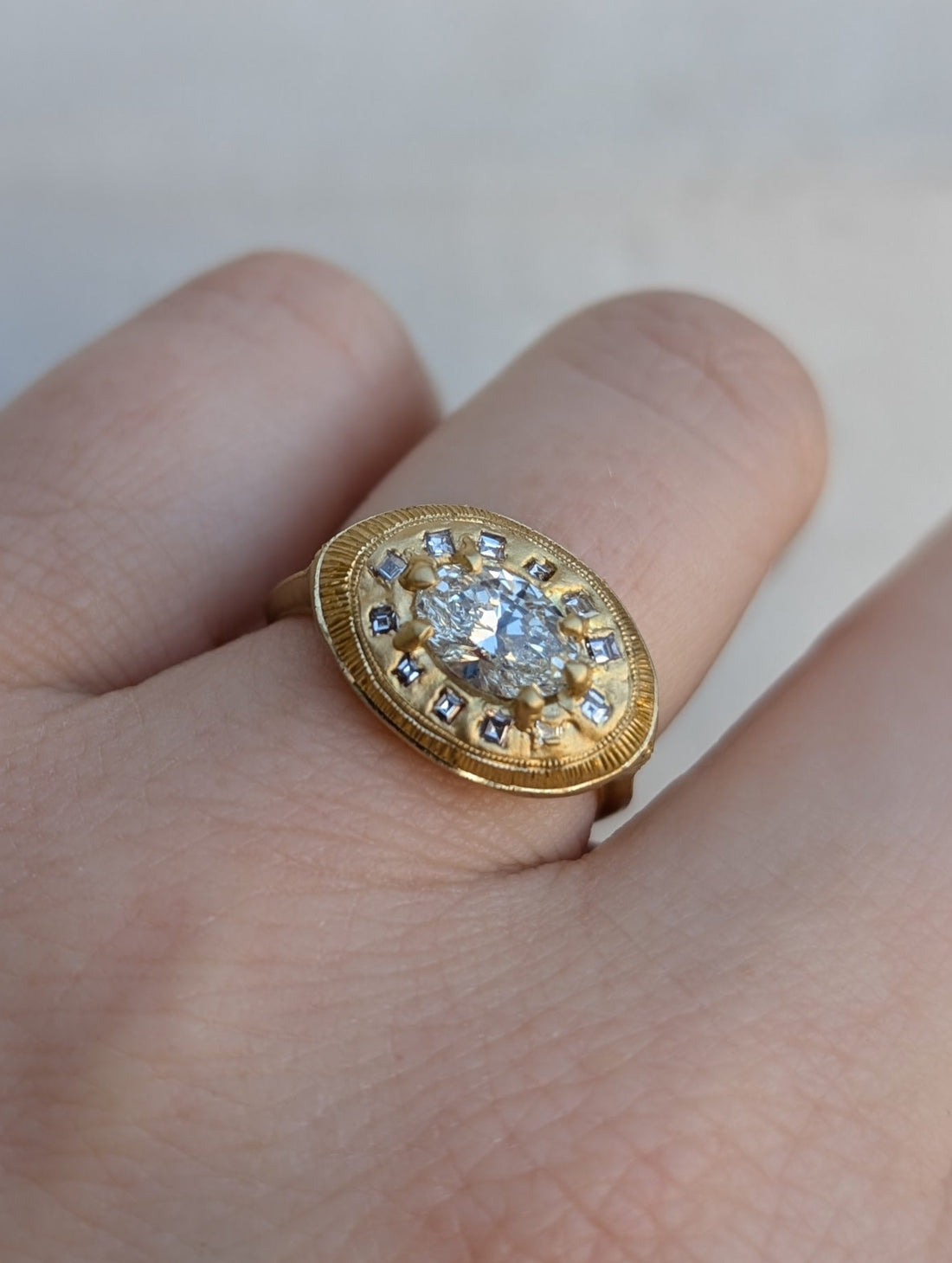 Engraved White Diamond Oval Relic Ring - One of a Kind