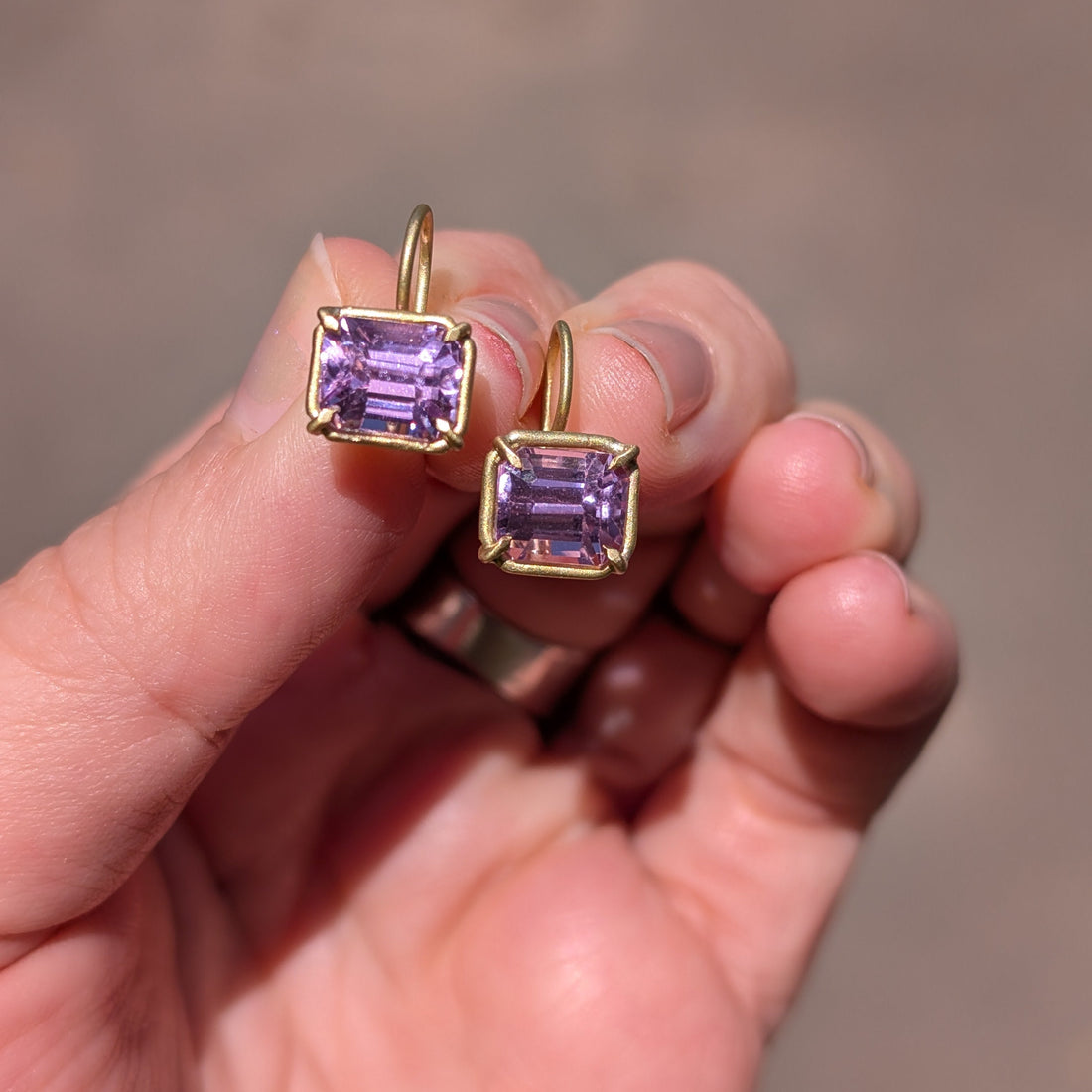 Rectangular Kunzite Basket Earrings - OOAK