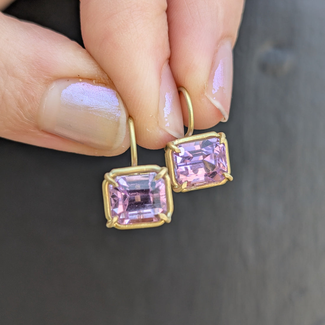 Rectangular Kunzite Basket Earrings - OOAK