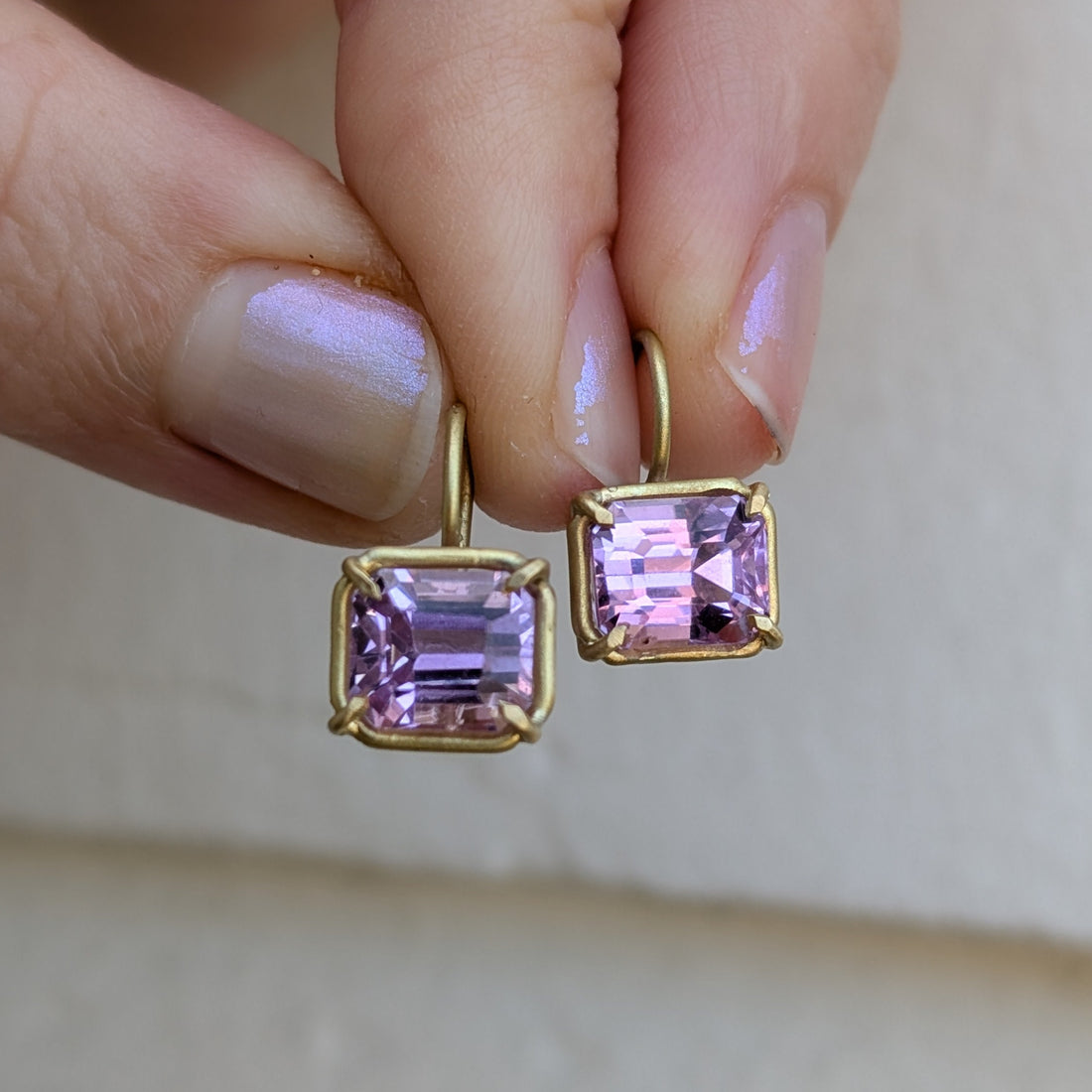 Rectangular Kunzite Basket Earrings - OOAK