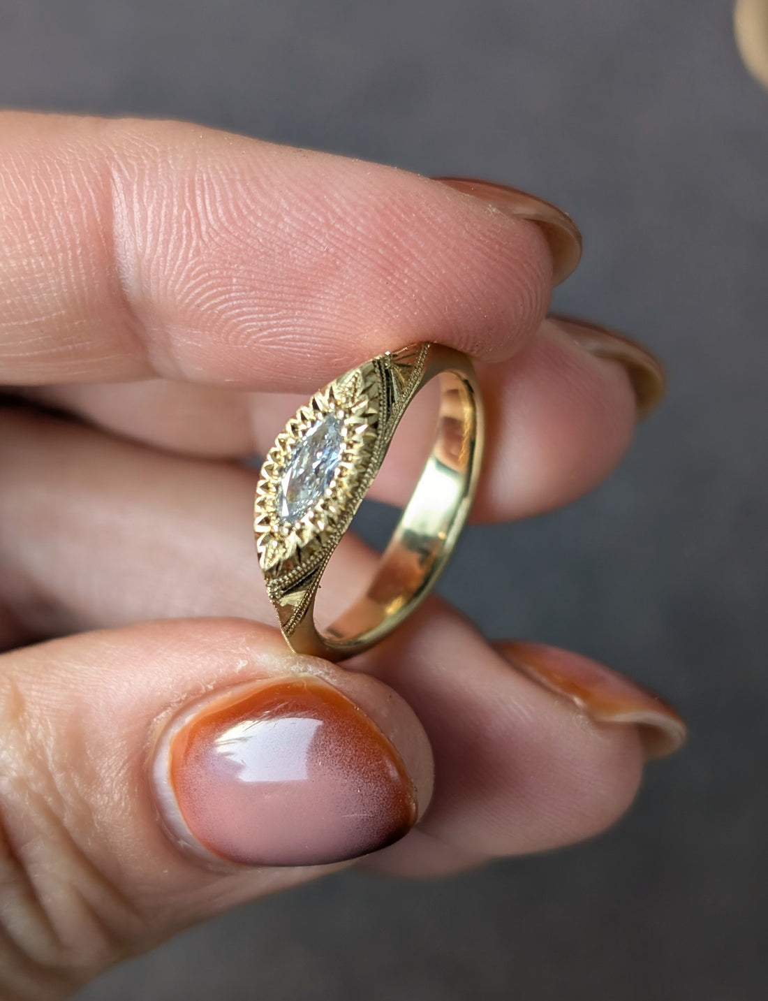 Engraved Gemini Marquise Ring - One of a Kind