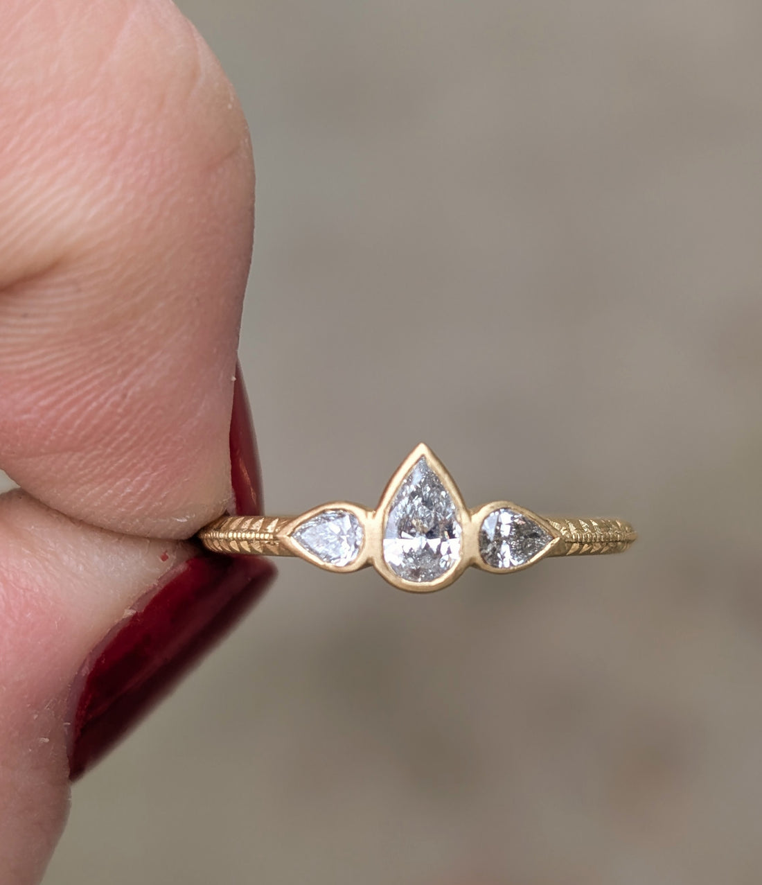 Diamond Pear Trio Engraved Bezel Ring  - 0.45cttw One of a Kind