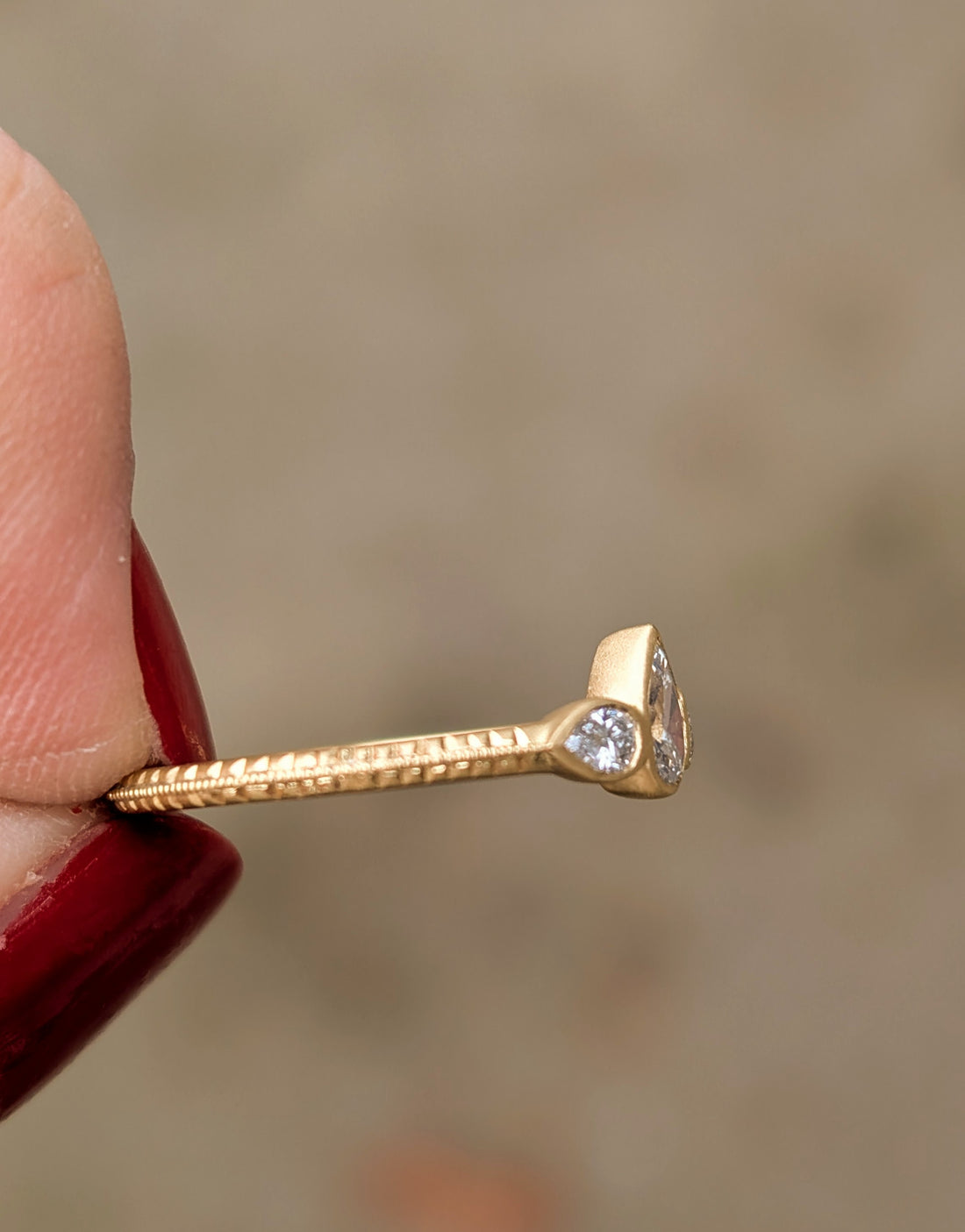 Diamond Pear Trio Engraved Bezel Ring  - 0.45cttw One of a Kind