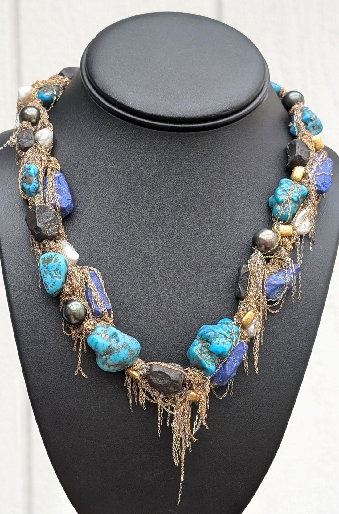 Lapis, turquoise Tahitian and Keshi Pearl Necklace