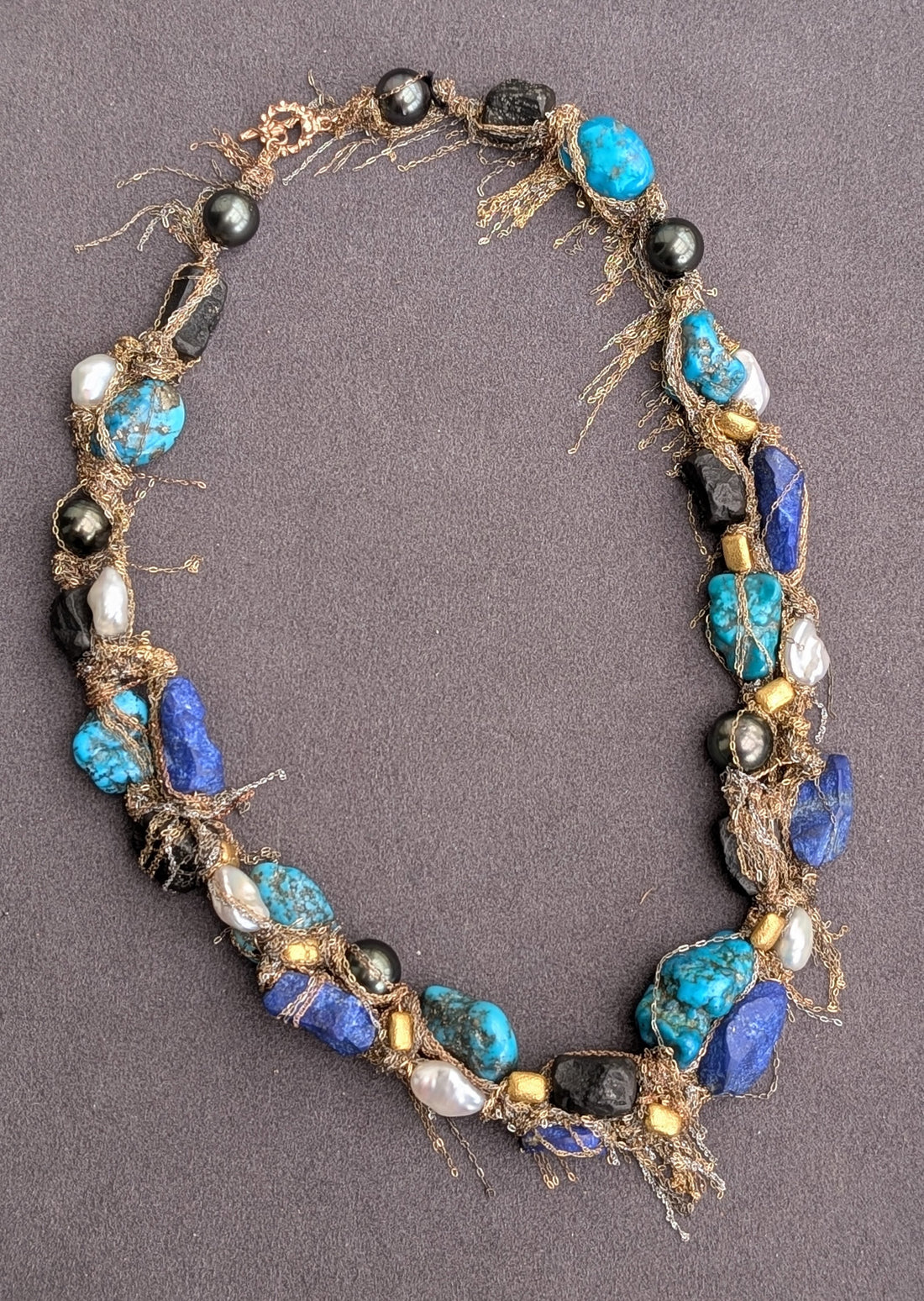 Lapis, turquoise Tahitian and Keshi Pearl Necklace