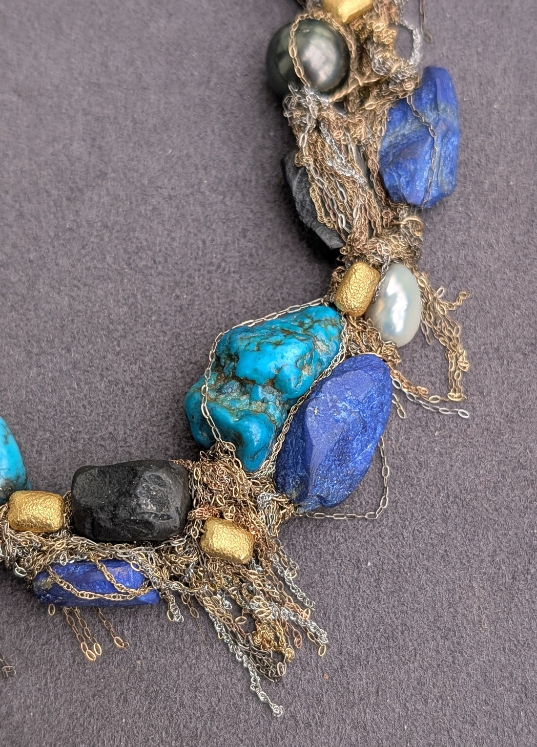Lapis, turquoise Tahitian and Keshi Pearl Necklace