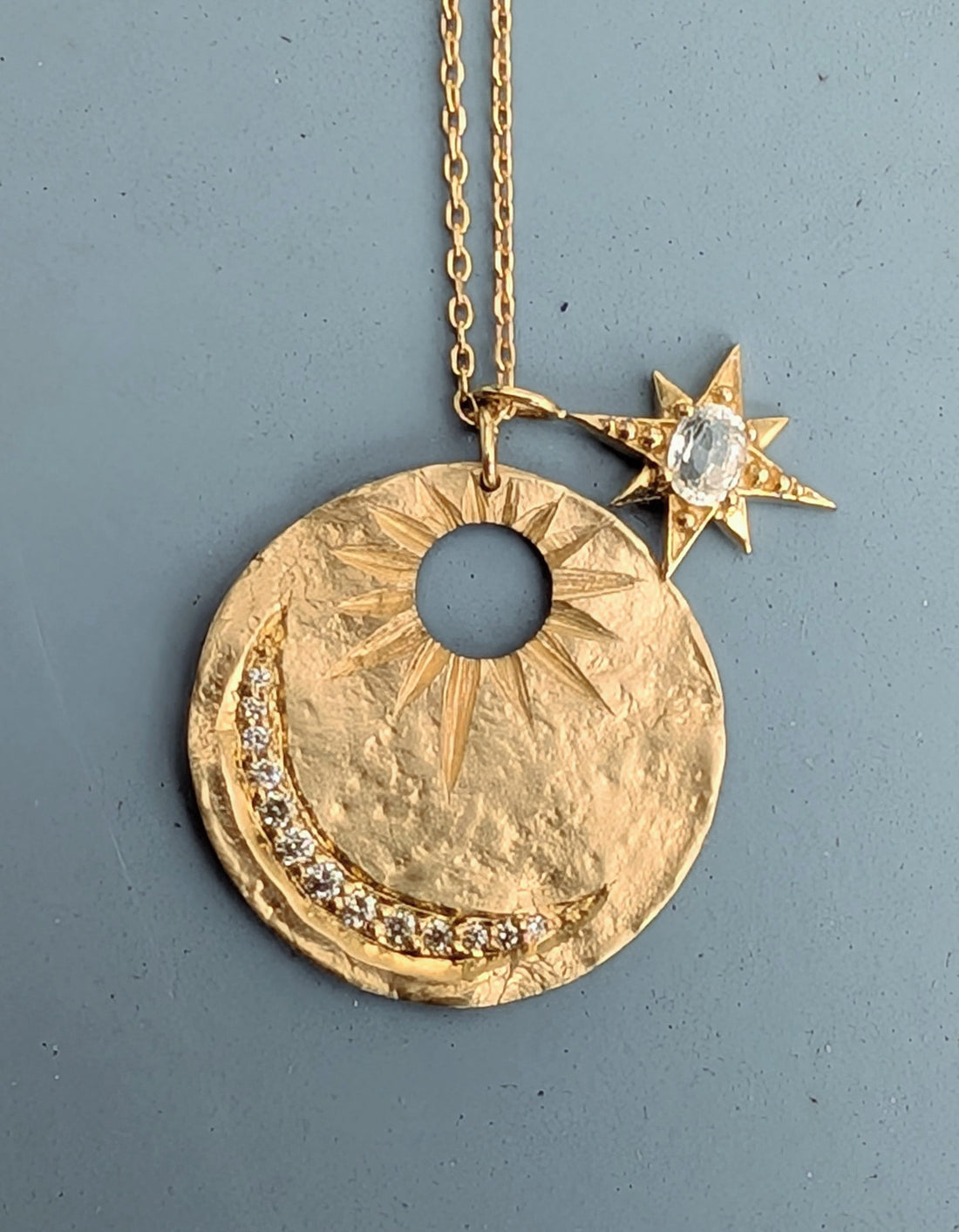14k Sun + Moon Medallion with Sapphire Star Necklace