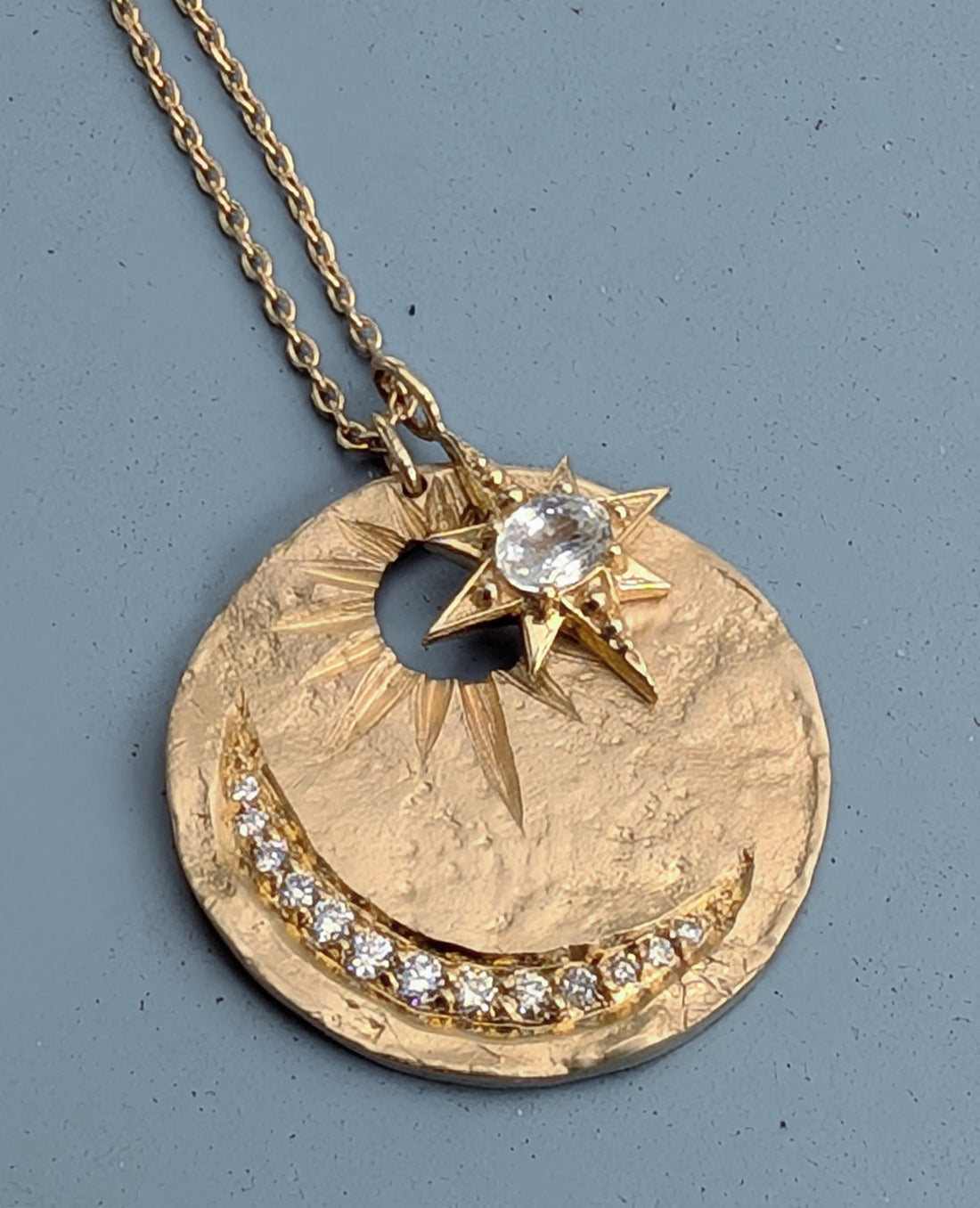 14k Sun + Moon Medallion with Sapphire Star Necklace